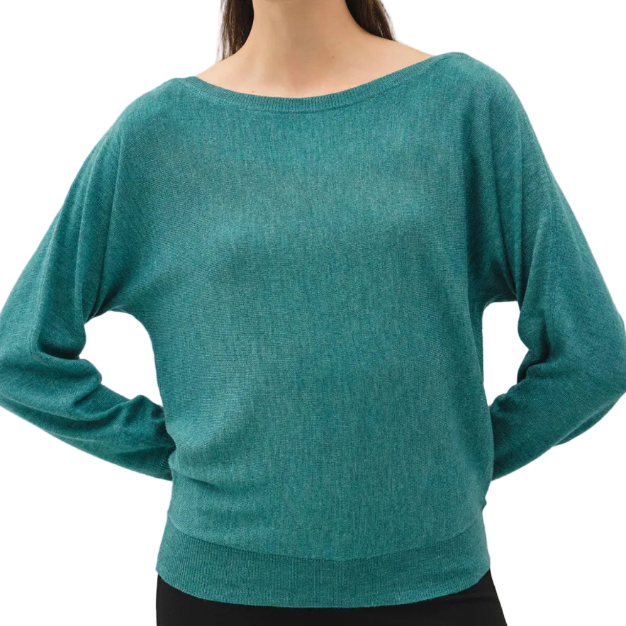 A woman wearing a teal green knit sweater with a wide boat neckline and long sleeves, paired with black pants, against a plain light gray background.