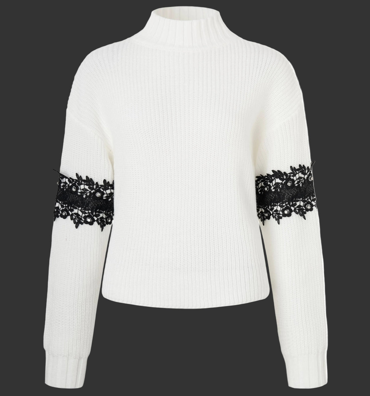 An off-white ribbed knit mock neck sweater with black lace trim bands on the upper sleeves, shown against a plain white background.