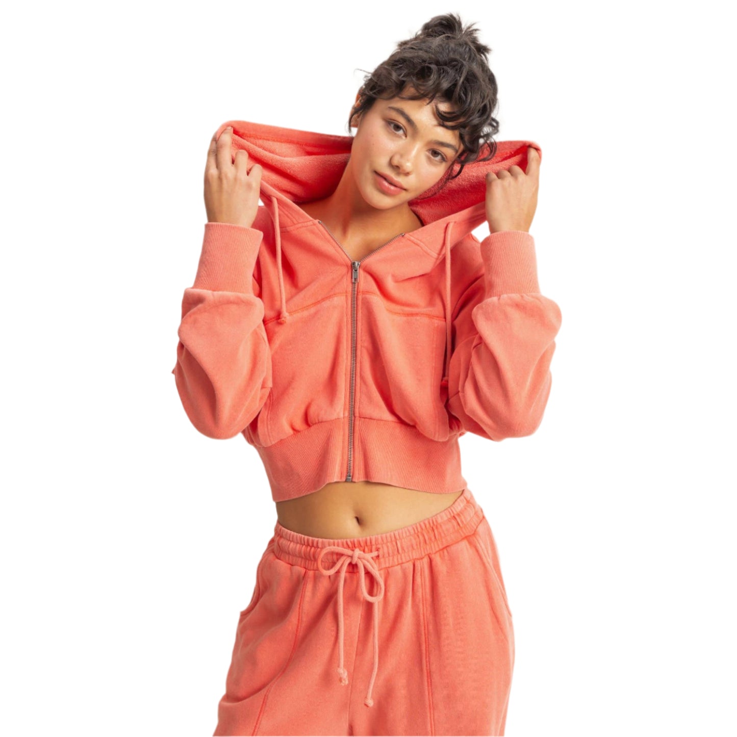 Coral Cropped Washed Zip Up Hoodie