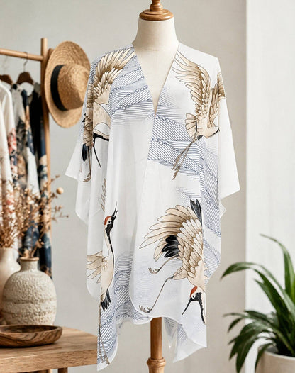 Japanese Wave Crane Kimono