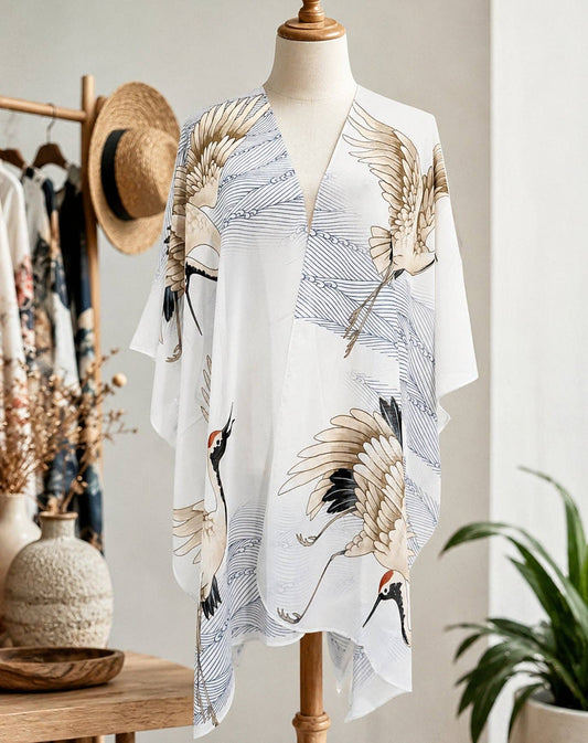 Japanese Wave Crane Kimono