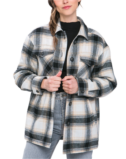 Plaid Button Up Coat with Sherpa Lining