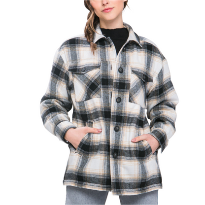 Plaid Button Up Coat with Sherpa Lining