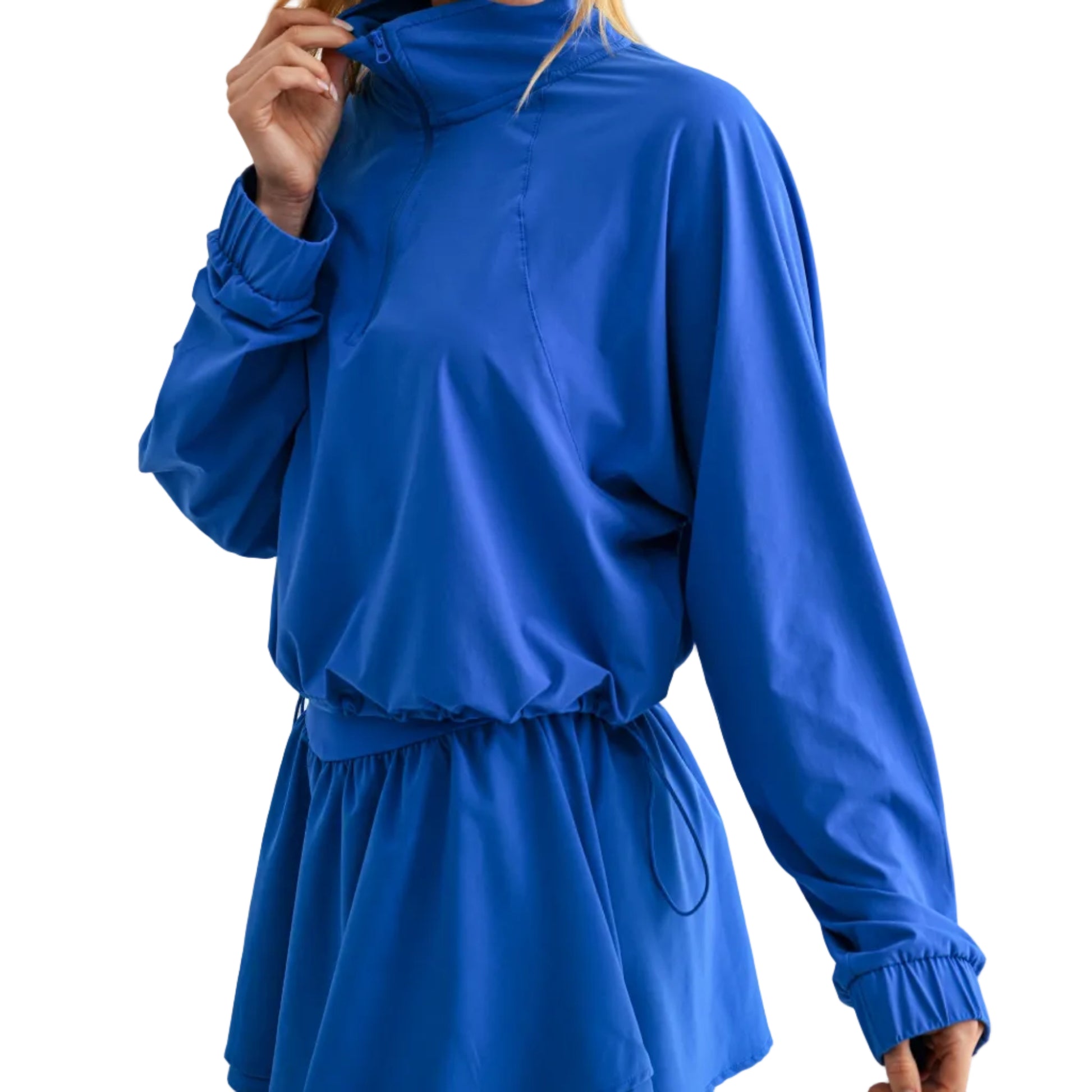Woman wearing a blue outfit on a white background