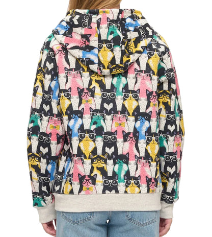 Person wearing a colorful hoodie with cat pattern on a white background