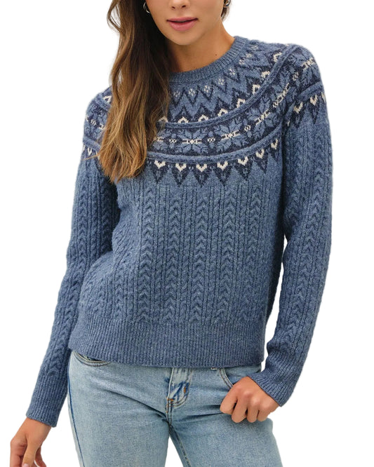 Swiss Blue Nordic Jacquard Crewneck Cable Sweater