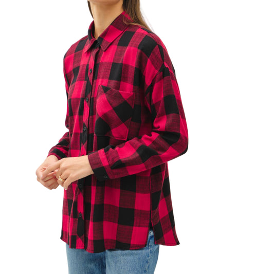 Person wearing a red and black checkered shirt with blue jeans on a white background
