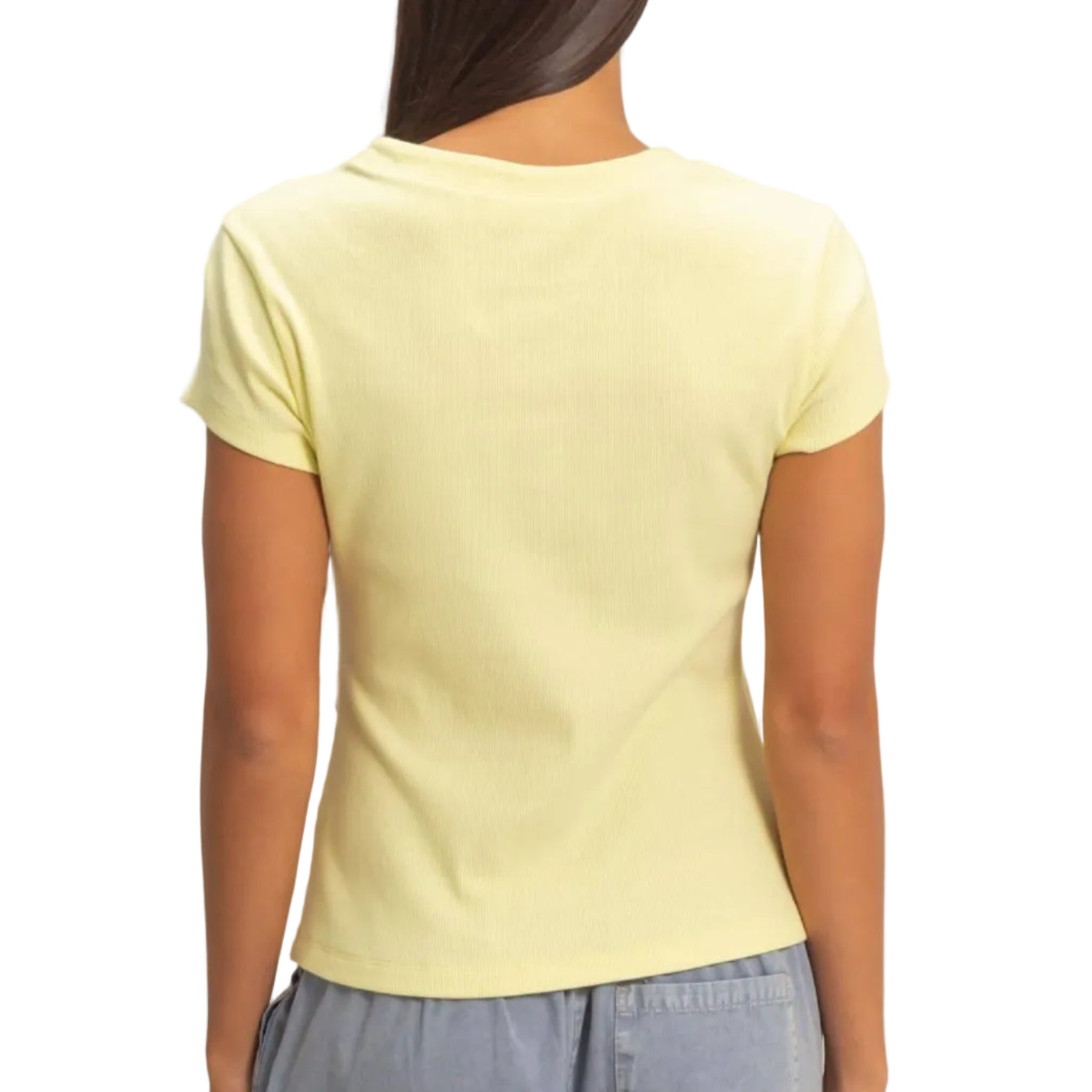 Person wearing a light yellow t-shirt and light blue pants against a plain background