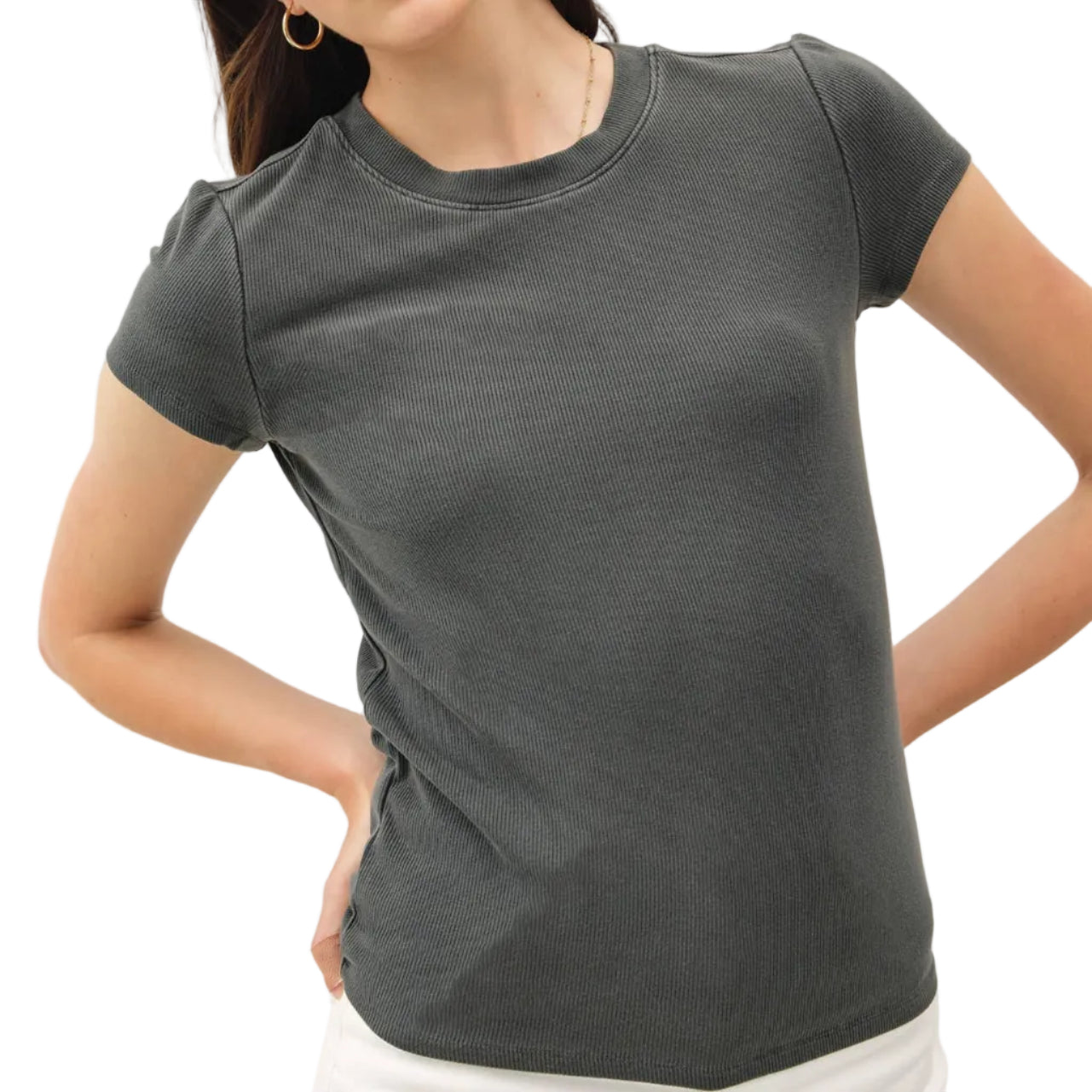Woman wearing a dark gray t-shirt against a white background