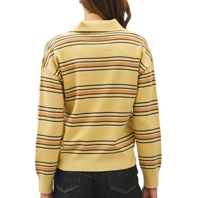 A woman viewed from behind wearing a yellow striped knit sweater with dark wash jeans and heels, against a plain off-white studio background.