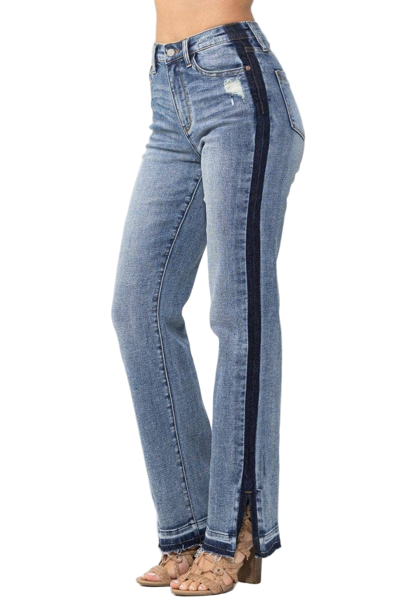 Light blue jeans with a black stripe on a white background