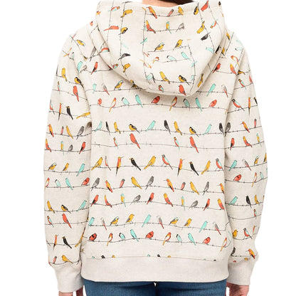 Person wearing a hoodie with colorful bird pattern on a white background