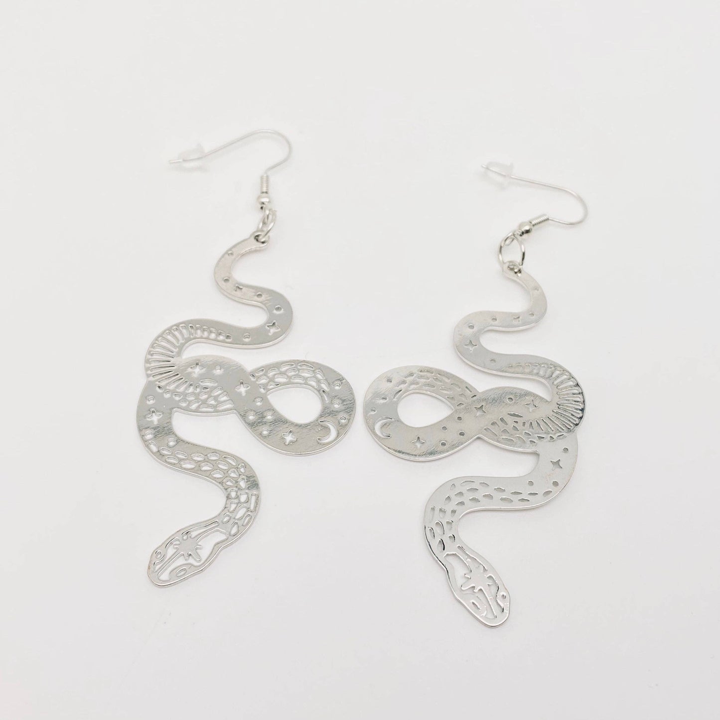 Snake Earrings Star Moon Pattern: Silver
