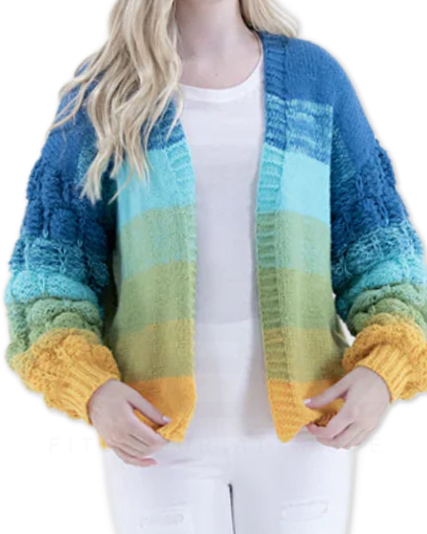 Scales Pattern Gradient Cardigan - Turquoise and Yellow