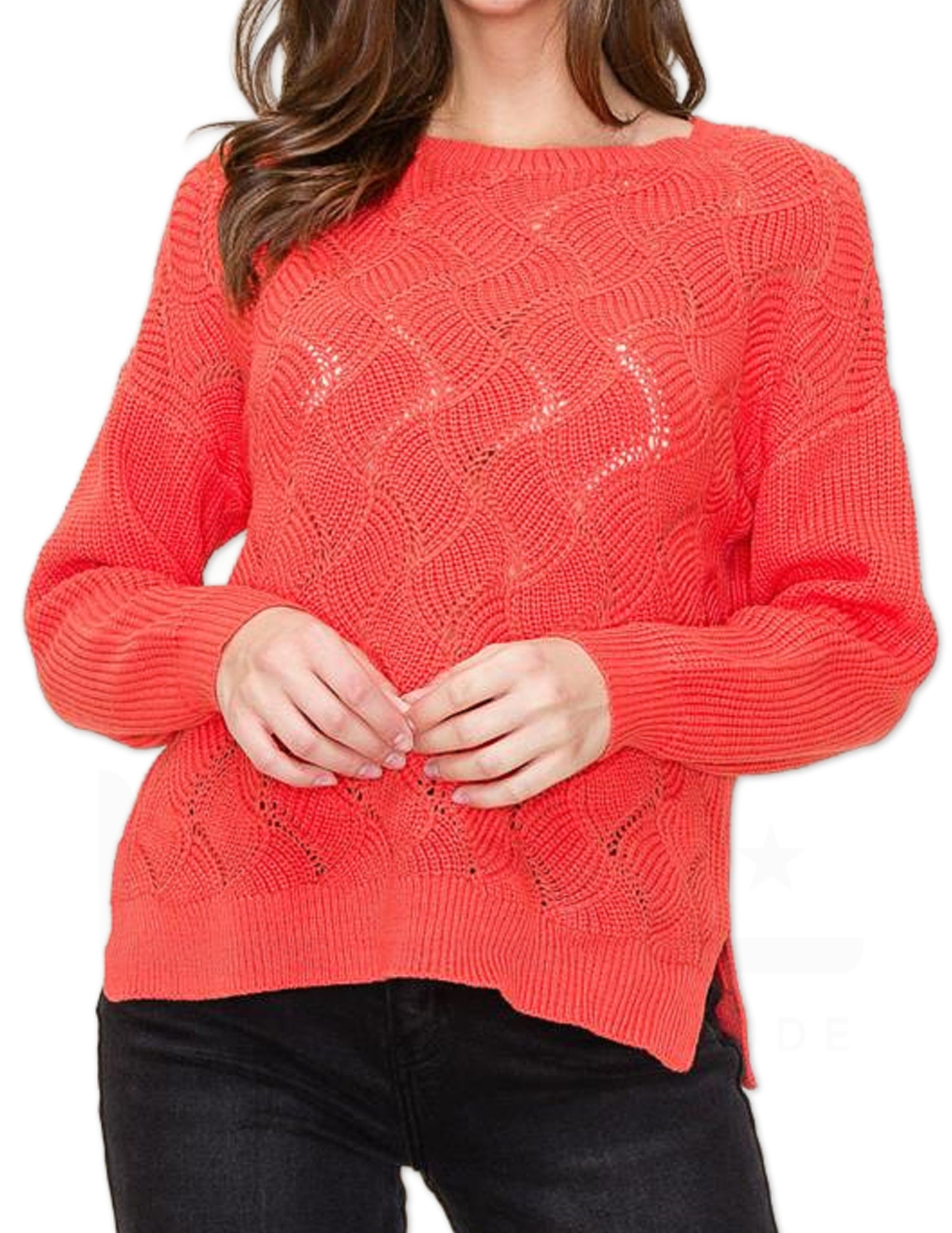 Crochet Detail Sweater - Dark Coral