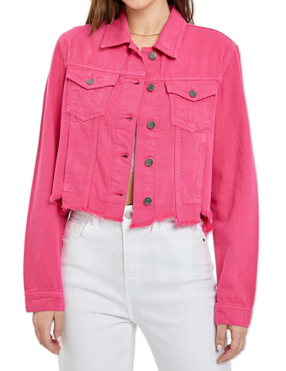 Uneven Frayed Denim Jacket - Raspberry
