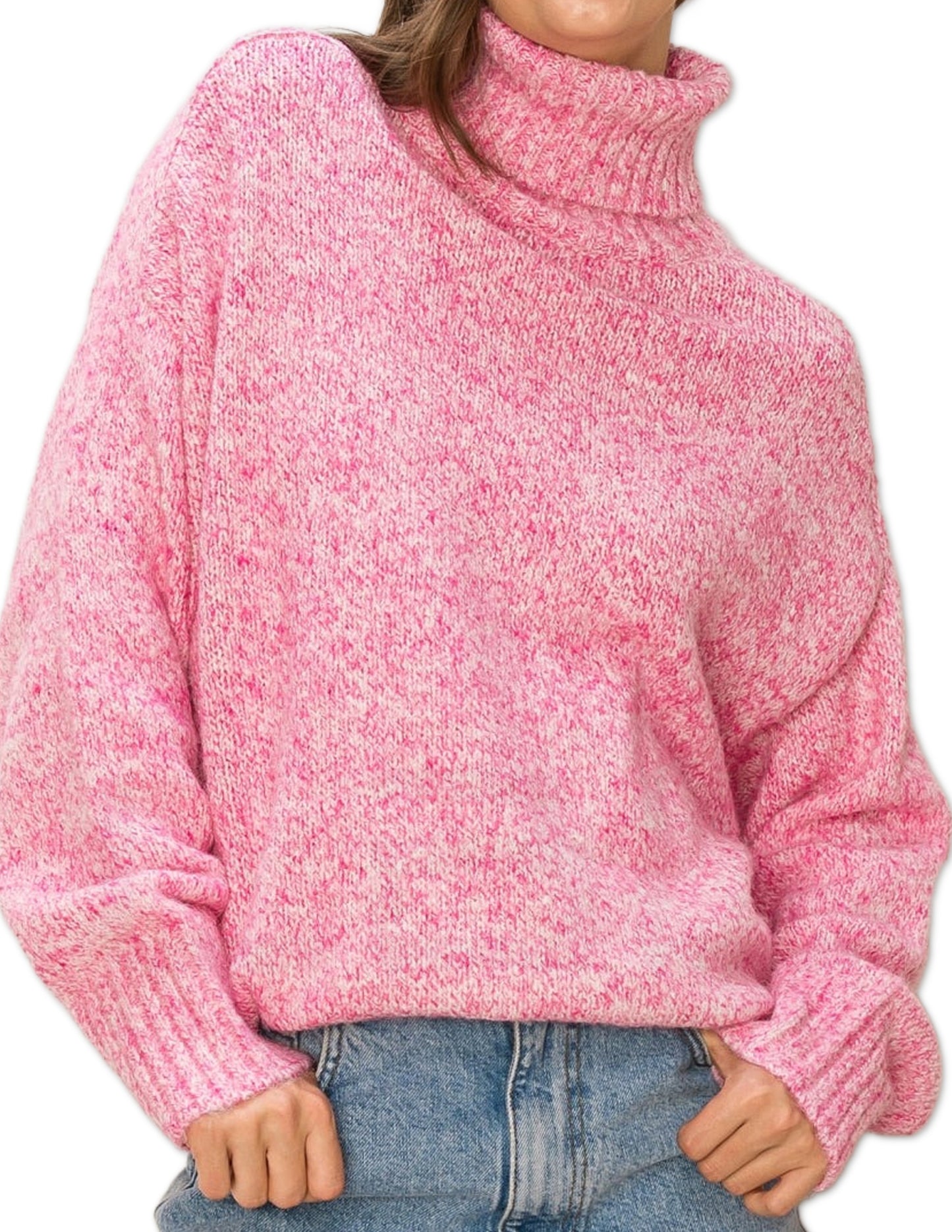 Casual Turtle Neck Pullover Sweater - Hot Pink