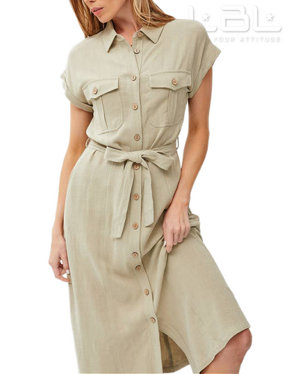 Short Rolled Sleeve Bow Midi Shirt Dress - Sage