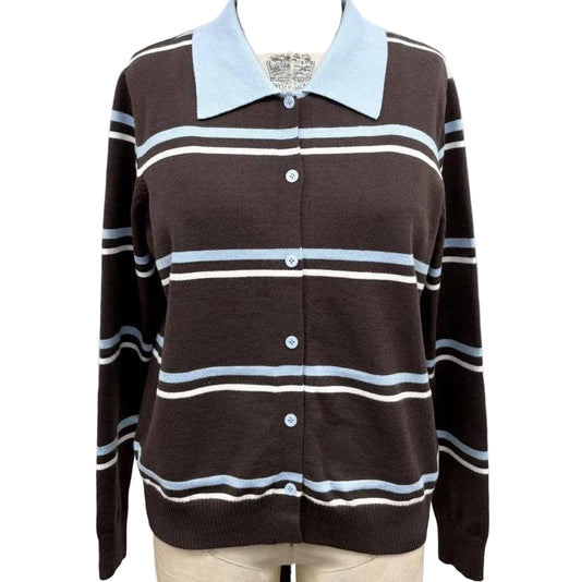 A brown knit cardigan sweater with horizontal light blue and white stripes, featuring a light blue collar and button-front closure, displayed on a beige dress form against a white background.