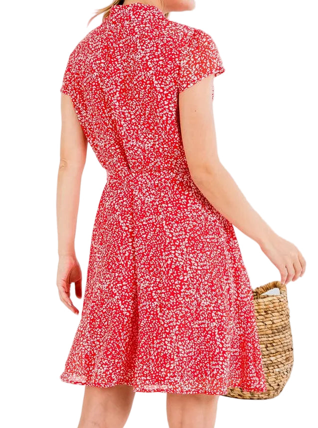 Woman wearing a red floral dress holding a straw bag on a white background