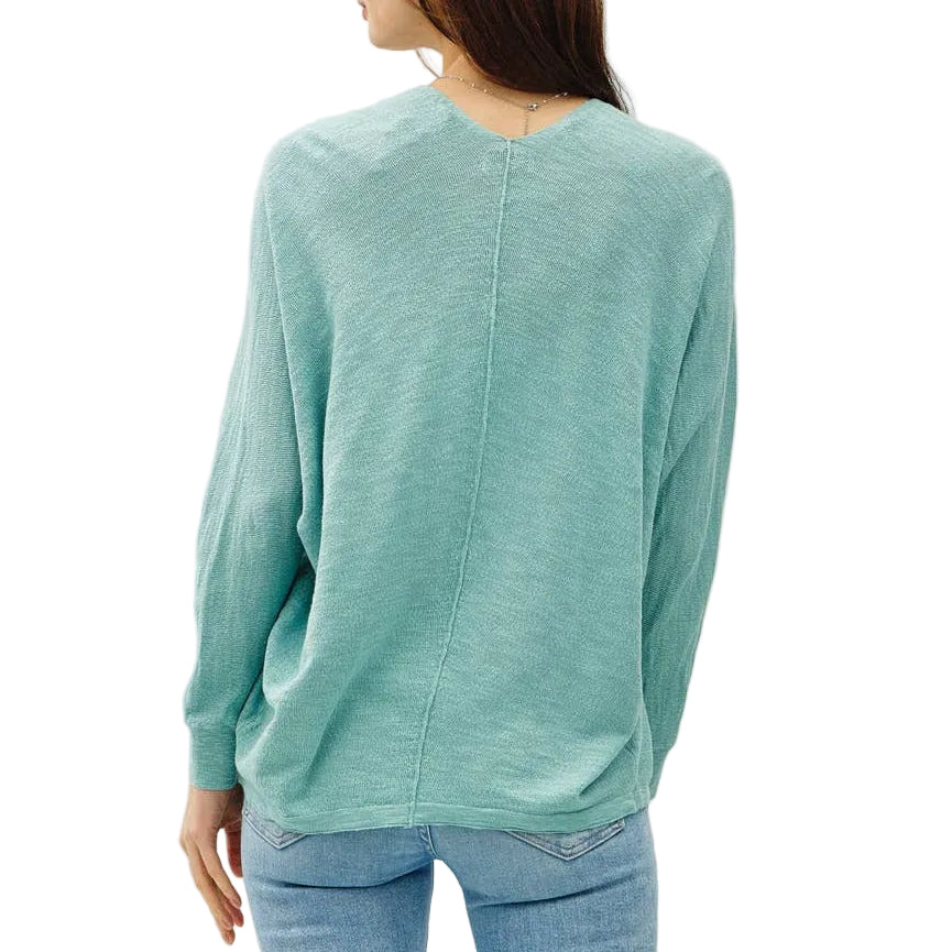 Person wearing a teal sweater and light blue jeans on a white background