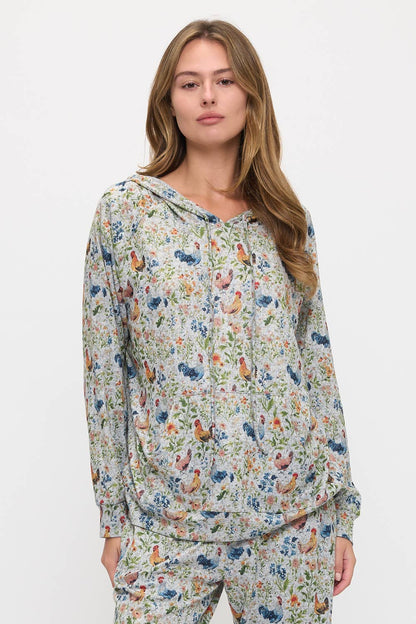 FLORAL CHICKEN PRINT TUNIC HOODIE