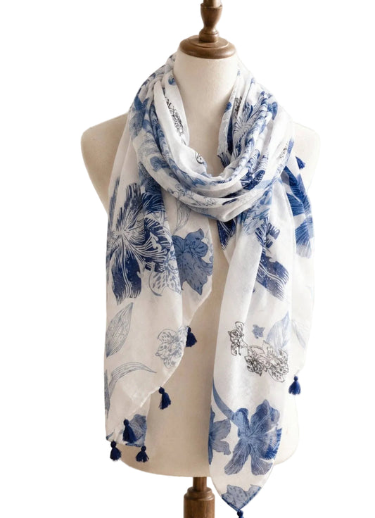 White-Blue Tassel-Detailed Watercolor Floral Scarf/Shawl