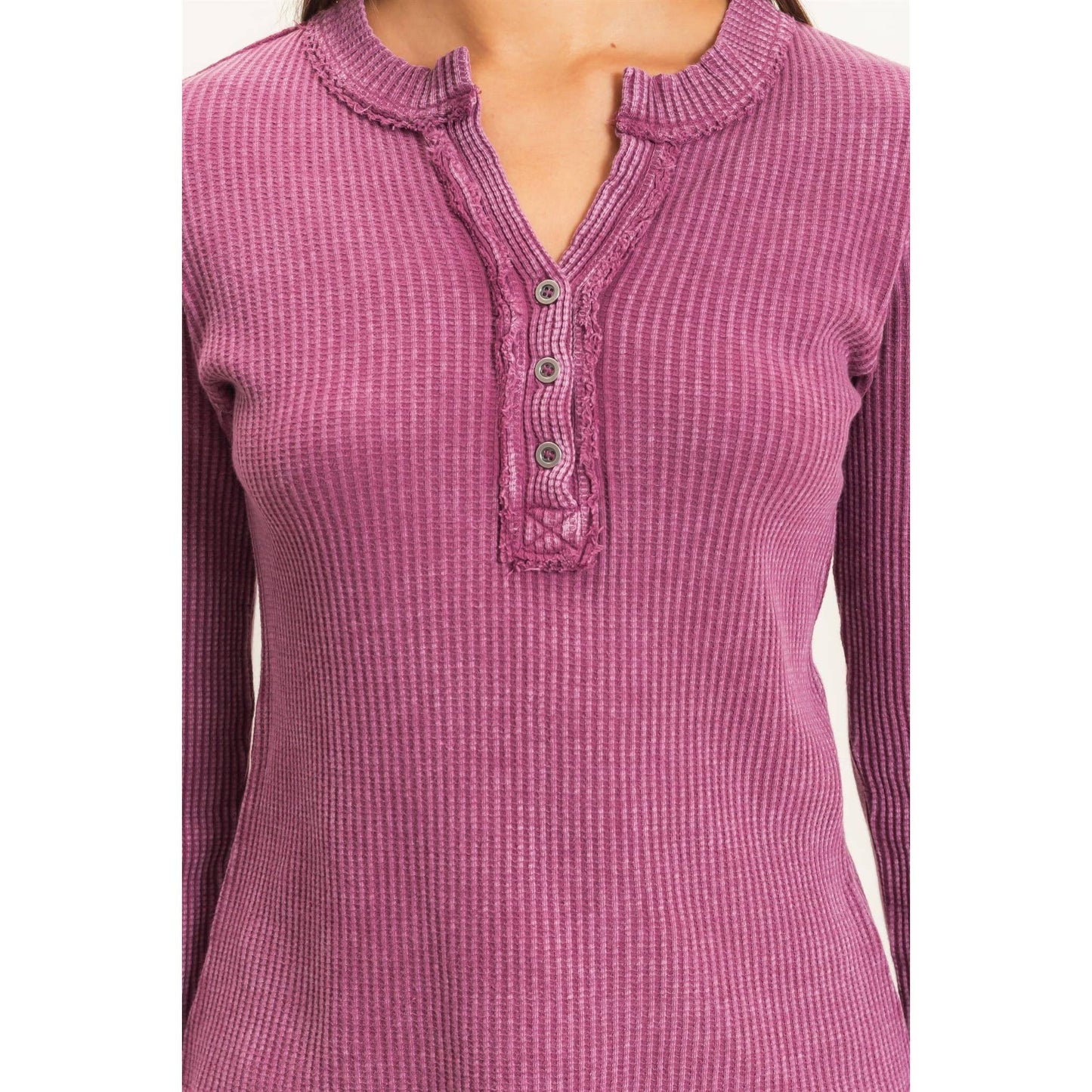 Dark Cherry Mineral Wash Waffle Henley Long Sleeve Top