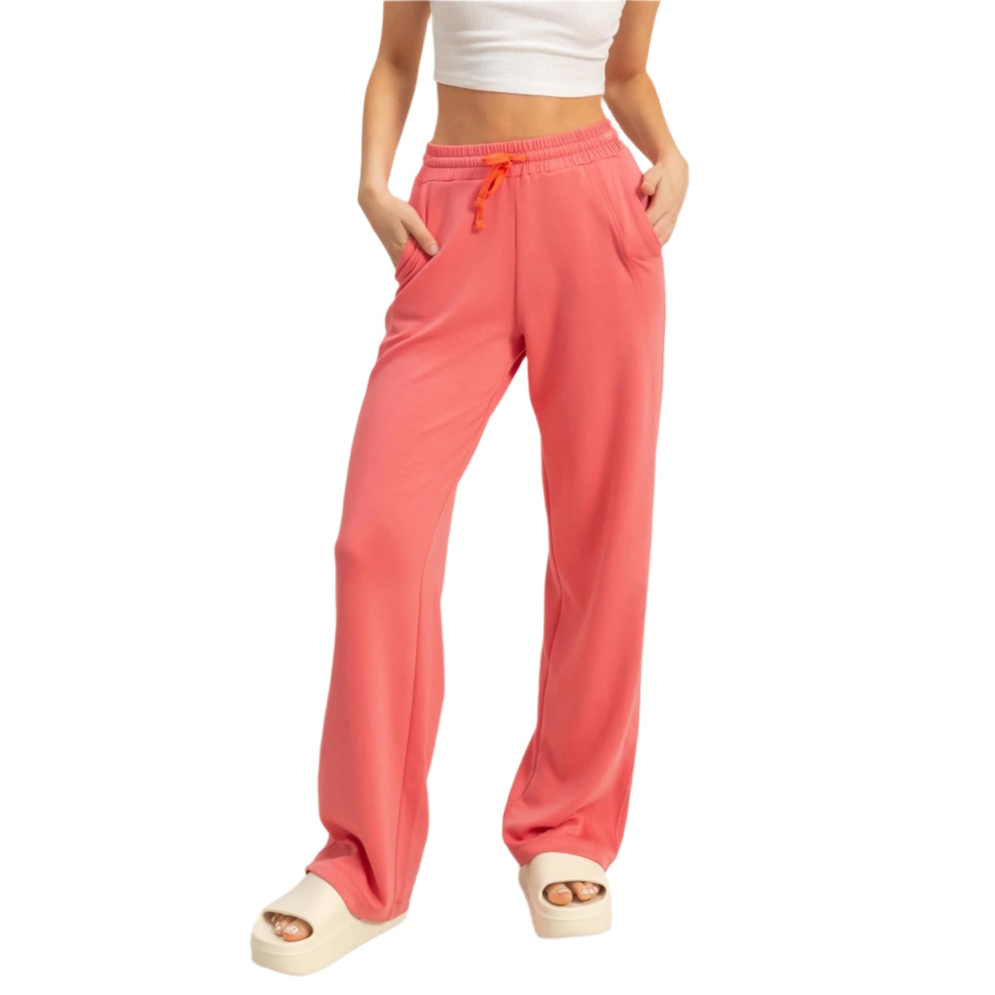 Coral High-Waist Drawstring Pants