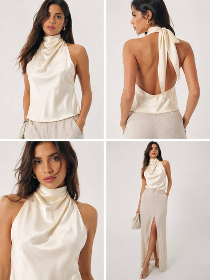Black Satin Halter Neck Open Back Top