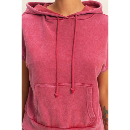 Pink Acid Wash Hooded Kangaroo Pocket Top