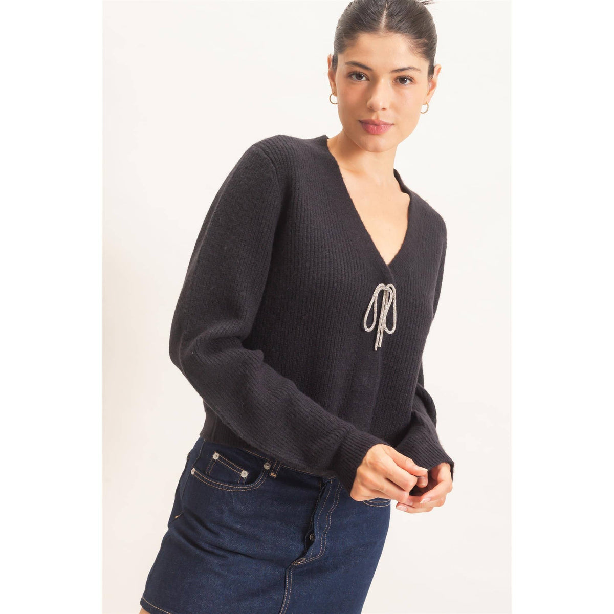 Black Rhinestone Bow Tie-Front Sweater