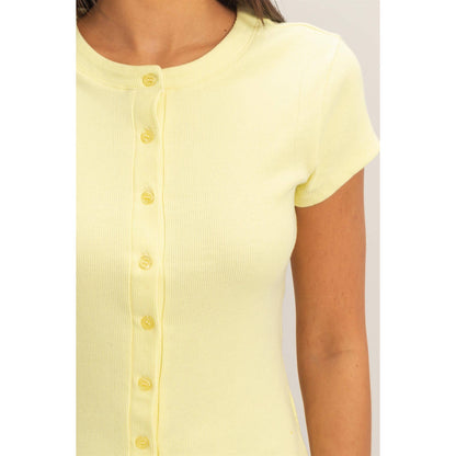 Pale Yellow Ribbed Button-Front Crew Neck Top