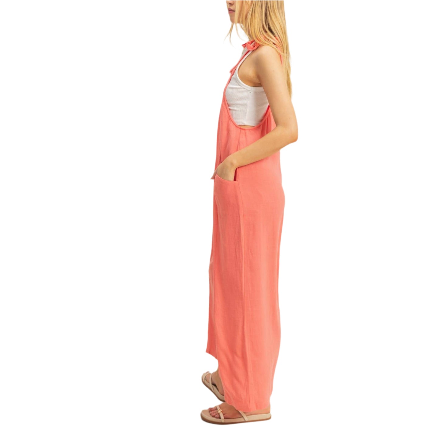 Pink Self-Tie Shoulder Straps Jumpsuit