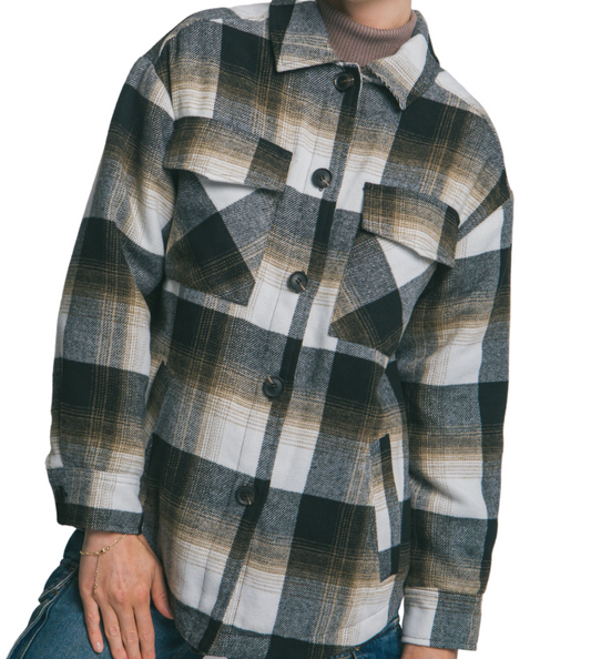 Black Plaid Button Up Jacket with Sherpa Lining