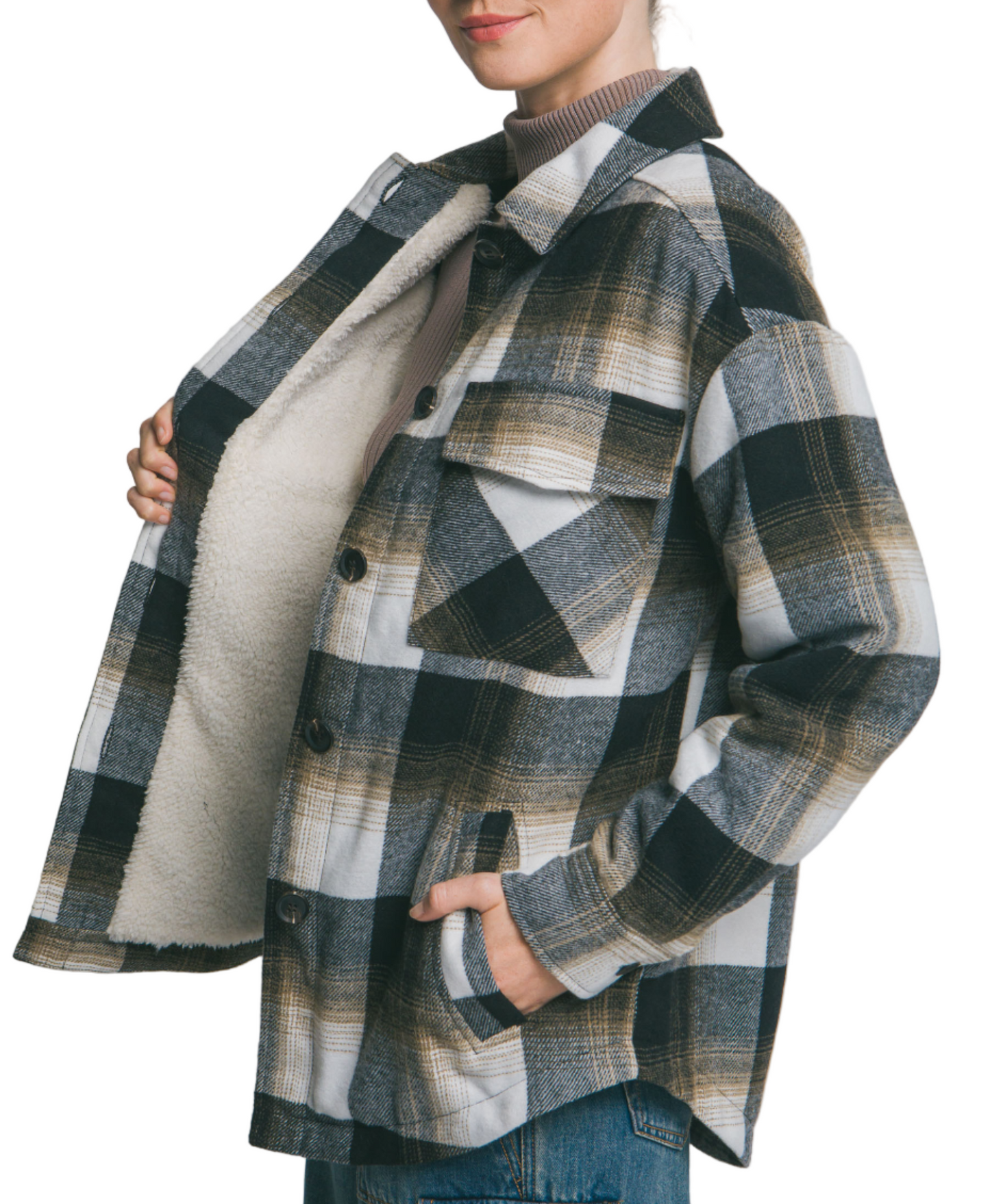 Black Plaid Button Up Jacket with Sherpa Lining