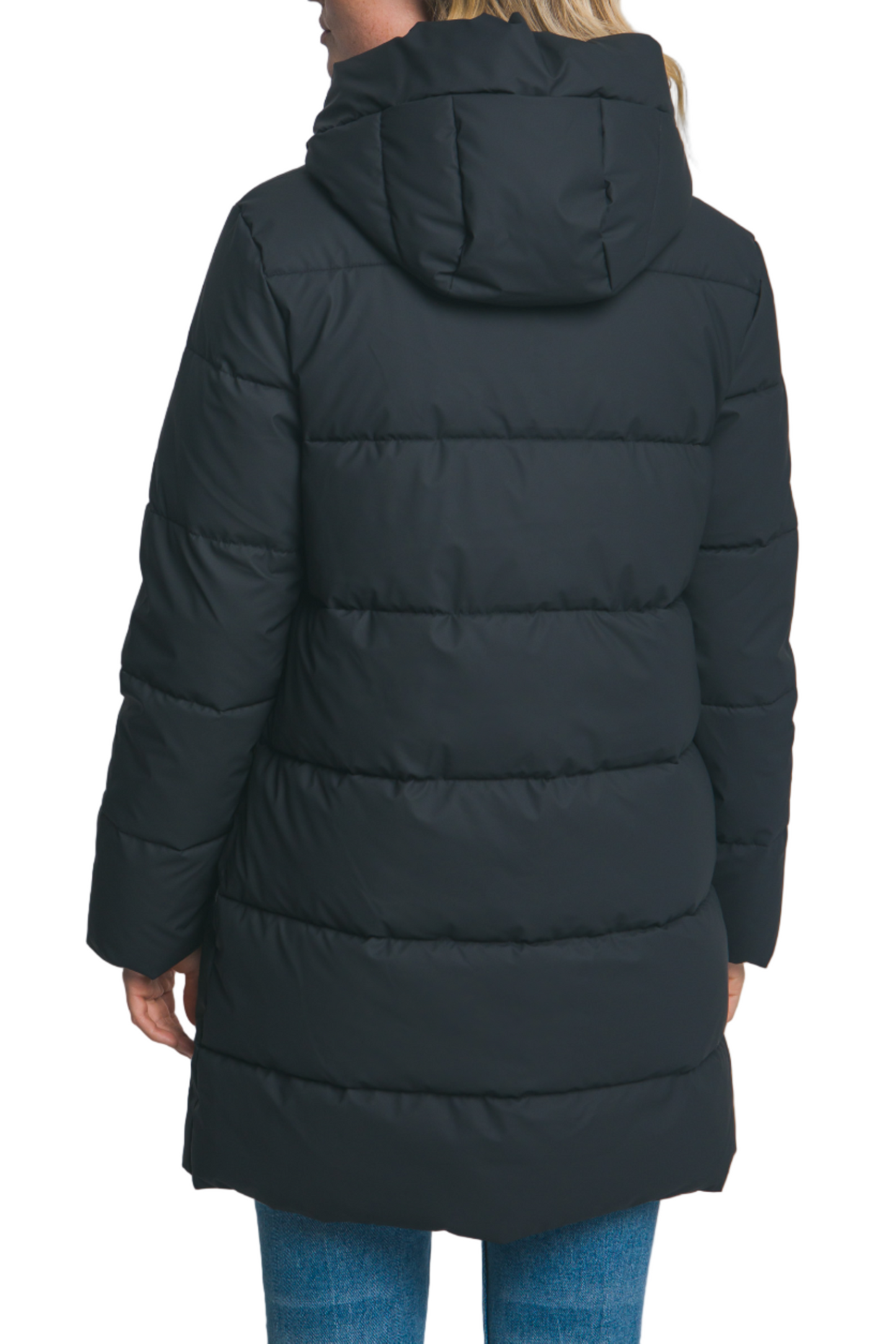 Person wearing a black puffer coat on a plain background