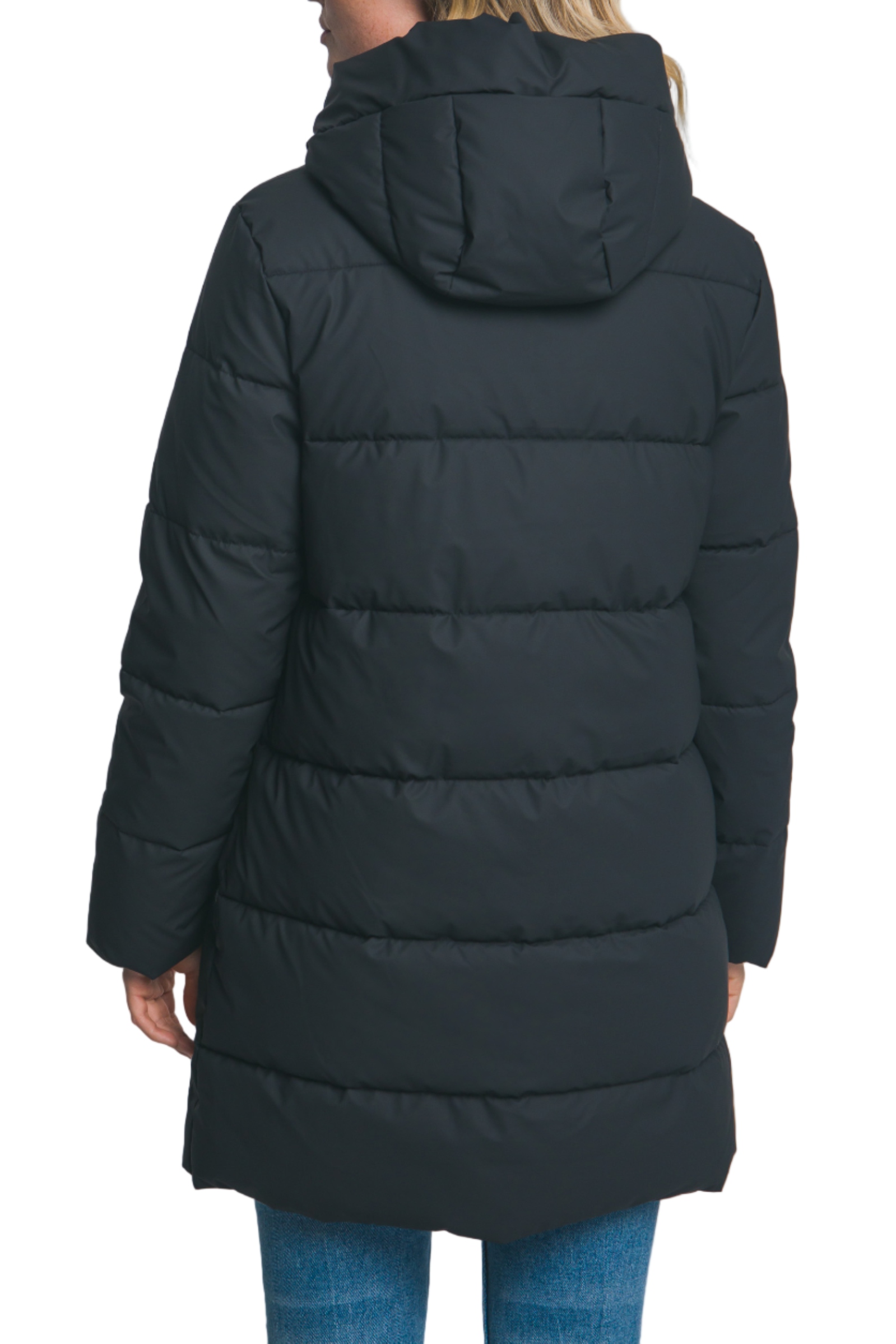 Person wearing a black puffer coat on a plain background