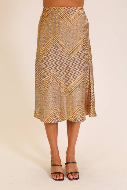 Gold Geo Print Satin Midi Skirt