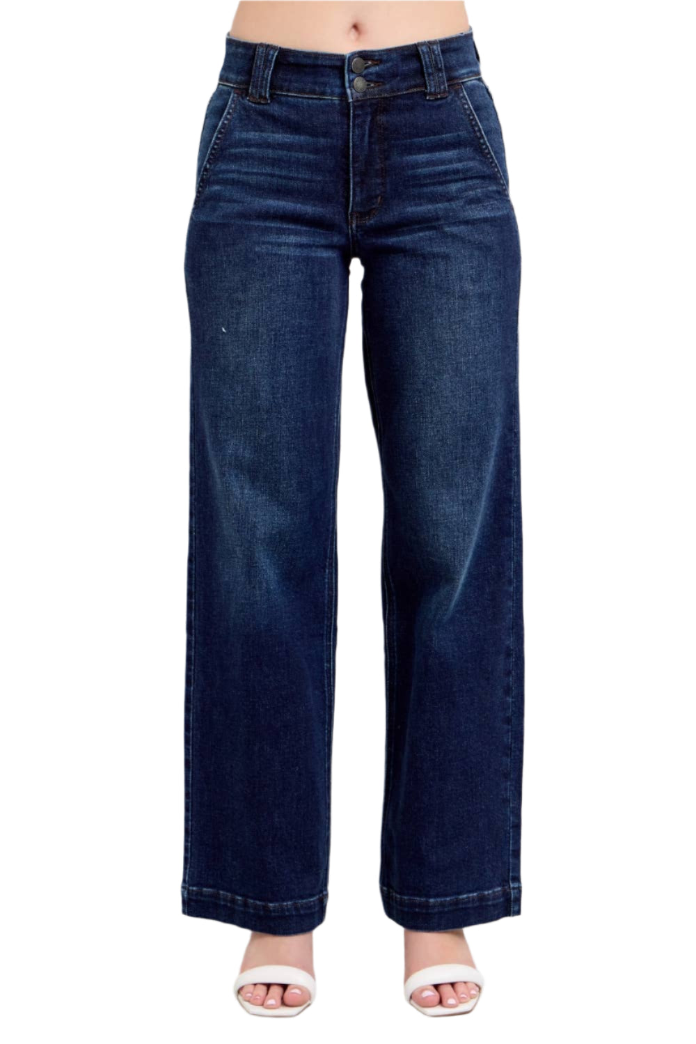 Dark blue jeans on a plain background