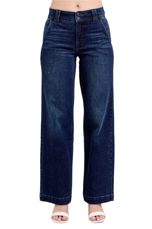 Dark blue jeans on a plain background