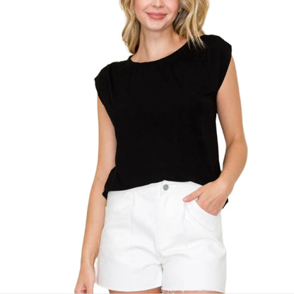 Black Rouched Shoulder Cap Sleeve Top