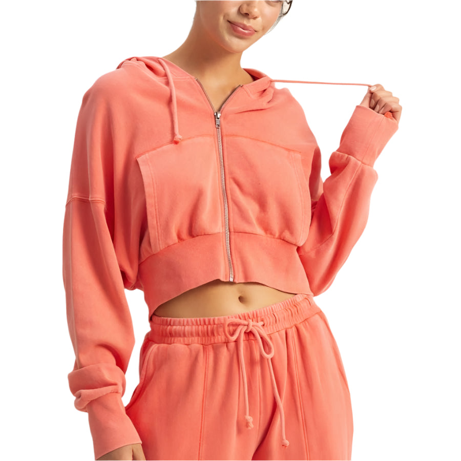 Coral Cropped Washed Zip Up Hoodie