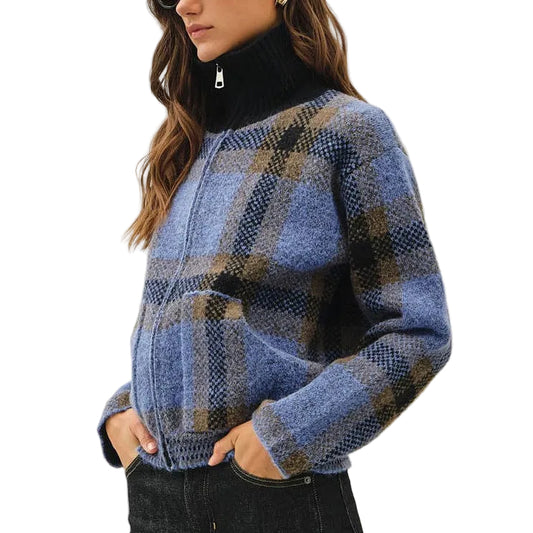 Blue Plaid Zip-Up Sweater Jacket