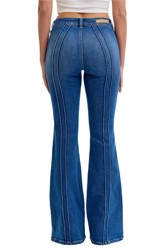 Blue flared jeans on a white background