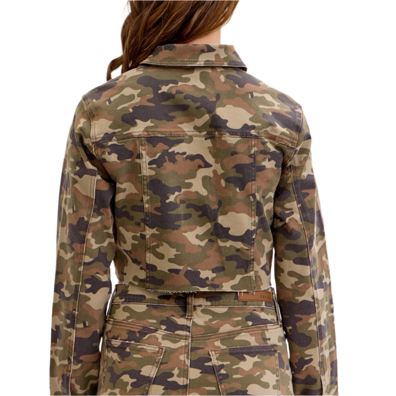 Camouflage jacket worn by a person on a white background