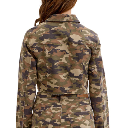 Camouflage jacket worn by a person on a white background