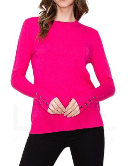 Button Detailed Cuff Pullover Sweater - Hot Pink