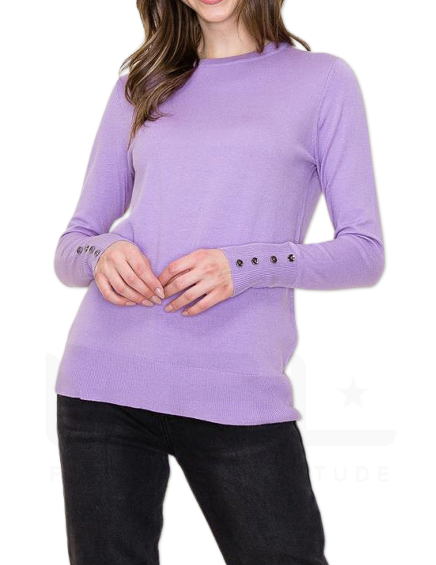 Button Detailed Cuff Pullover Sweater - Lavender
