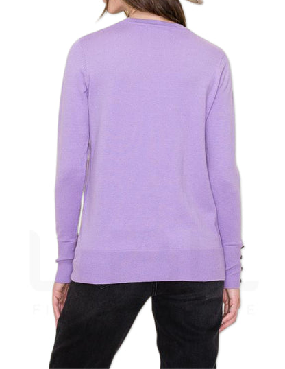 Button Detailed Cuff Pullover Sweater - Lavender
